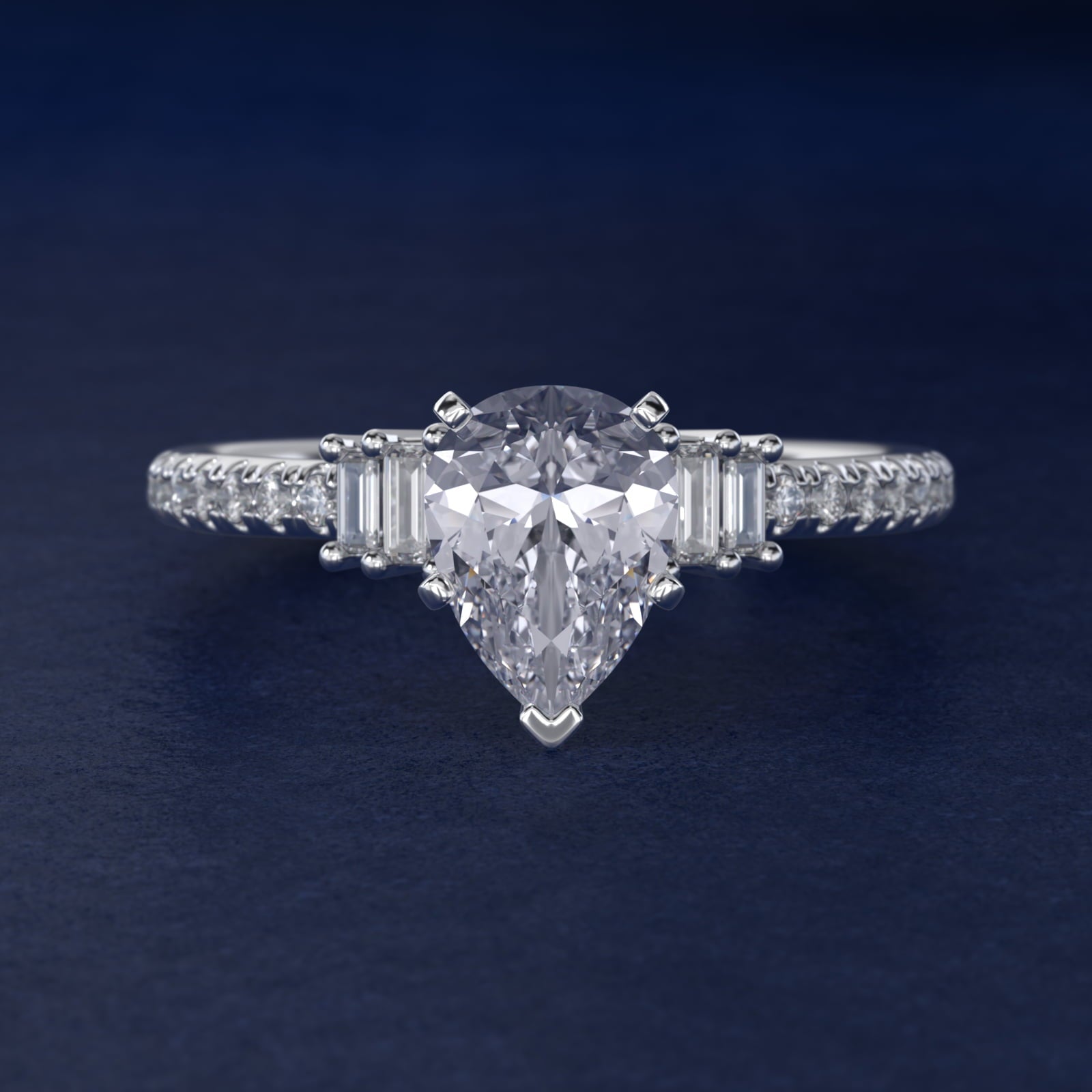 Petite Baguette and Pav? Diamond Engagement Ring in Platinum - Pear Center