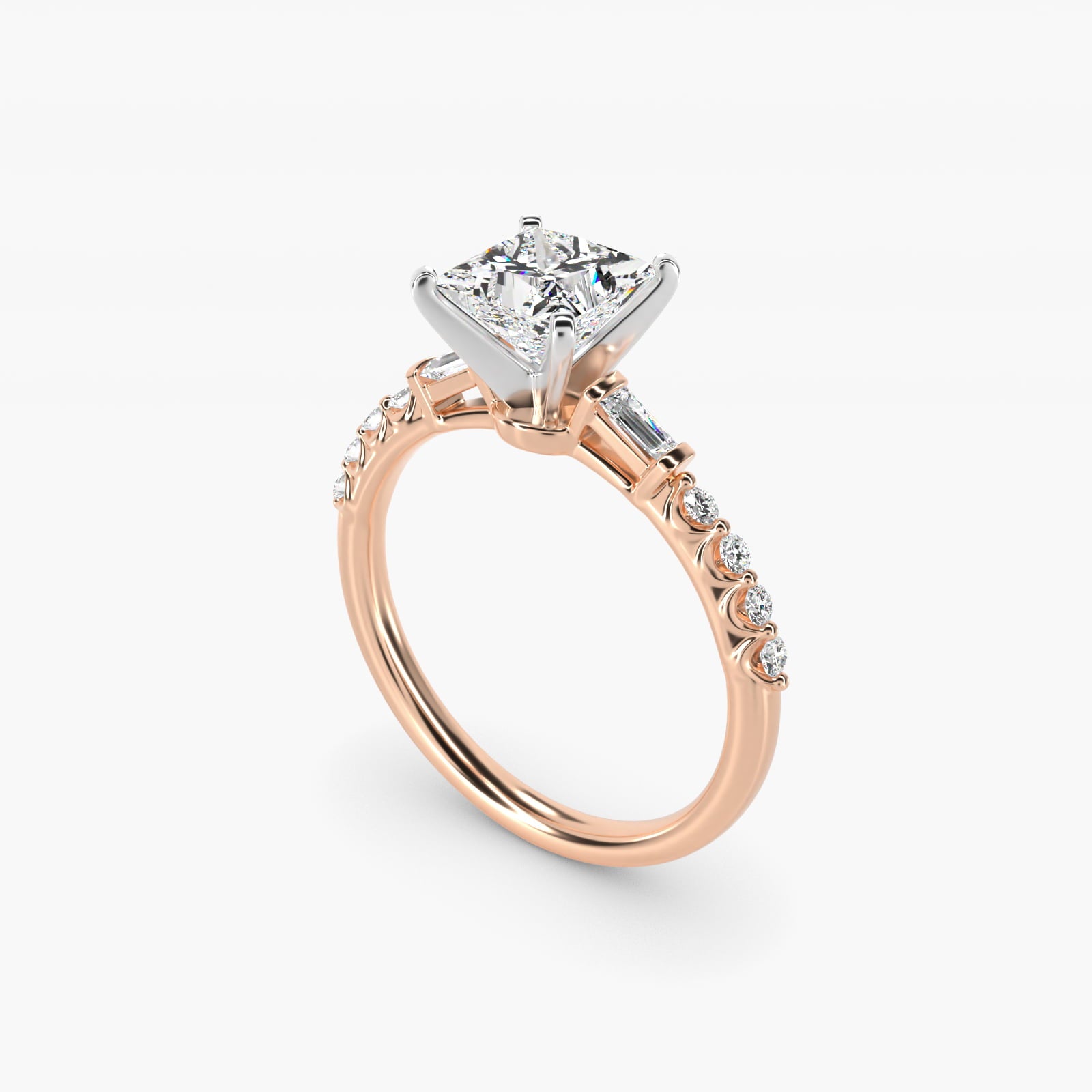 Petite Baguette and Floating Round Diamond Engagement Ring in 14k Rose Gold (1/5 ct. tw.) - Princess Center