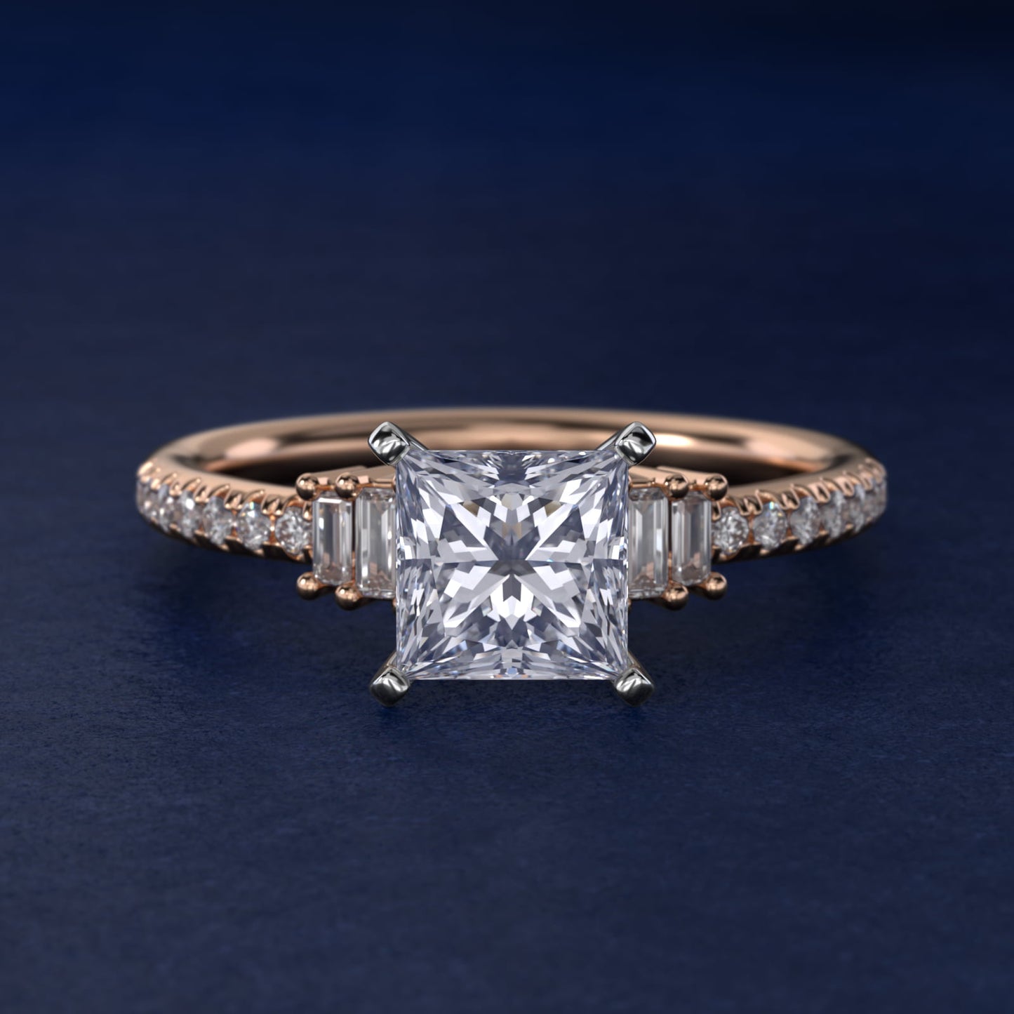 Petite Baguette and PavŽ Diamond Engagement Ring in 14k Rose Gold - Princess Center