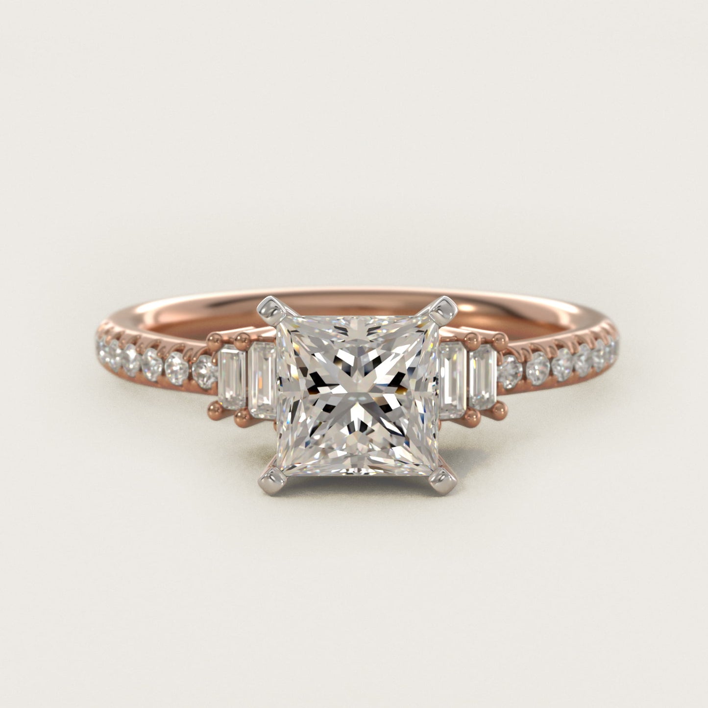 Petite Baguette and PavŽ Diamond Engagement Ring in 14k Rose Gold - Princess Center