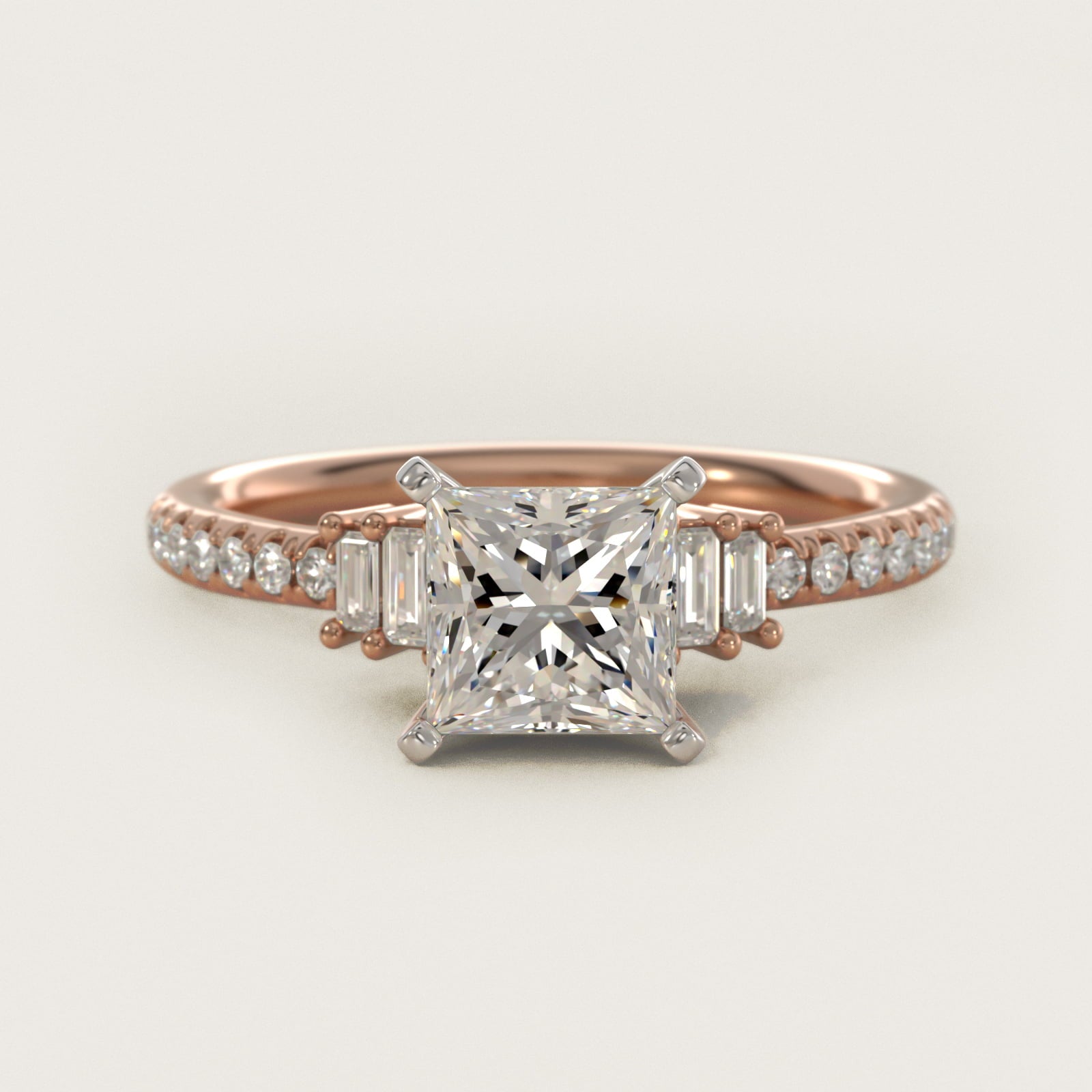 Petite Baguette and PavŽ Diamond Engagement Ring in 14k Rose Gold - Princess Center