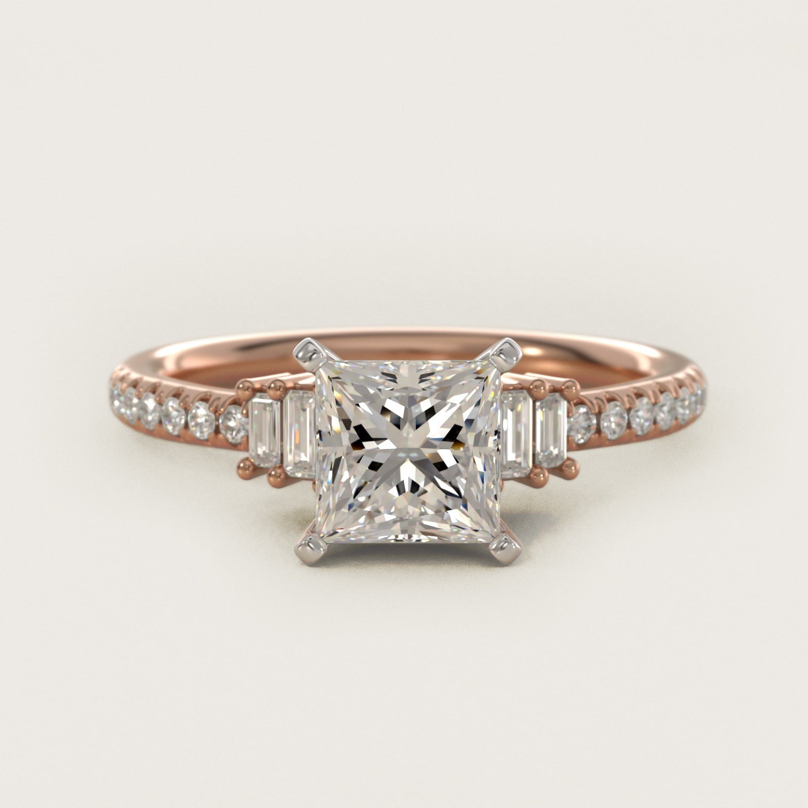 Petite Baguette and Pav? Diamond Engagement Ring in 18k Rose Gold - Princess Center