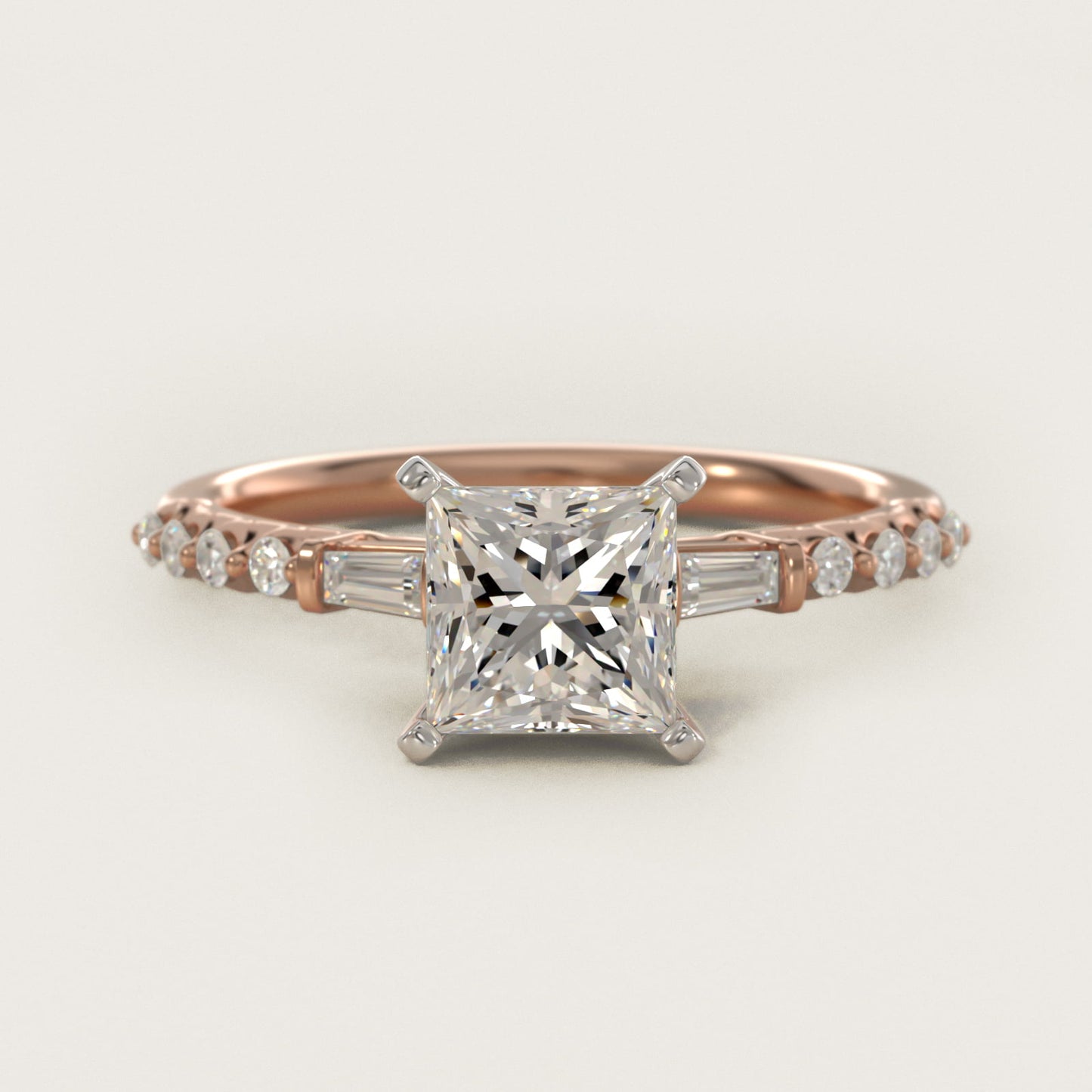Petite Baguette and Floating Round Diamond Engagement Ring in 14k Rose Gold (1/5 ct. tw.) - Princess Center