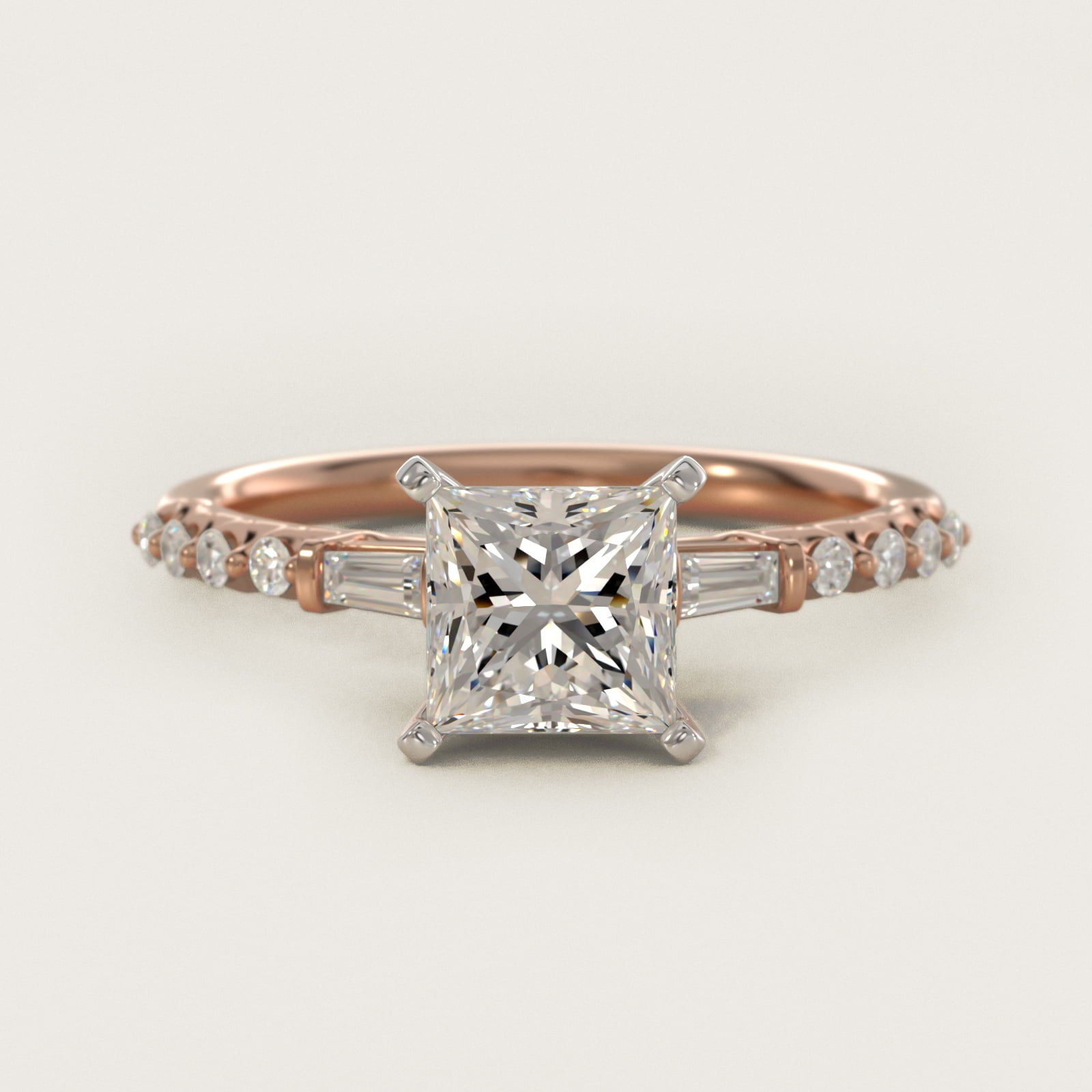 Petite Baguette and Floating Round Diamond Engagement Ring in 14k Rose Gold (1/5 ct. tw.) - Princess Center