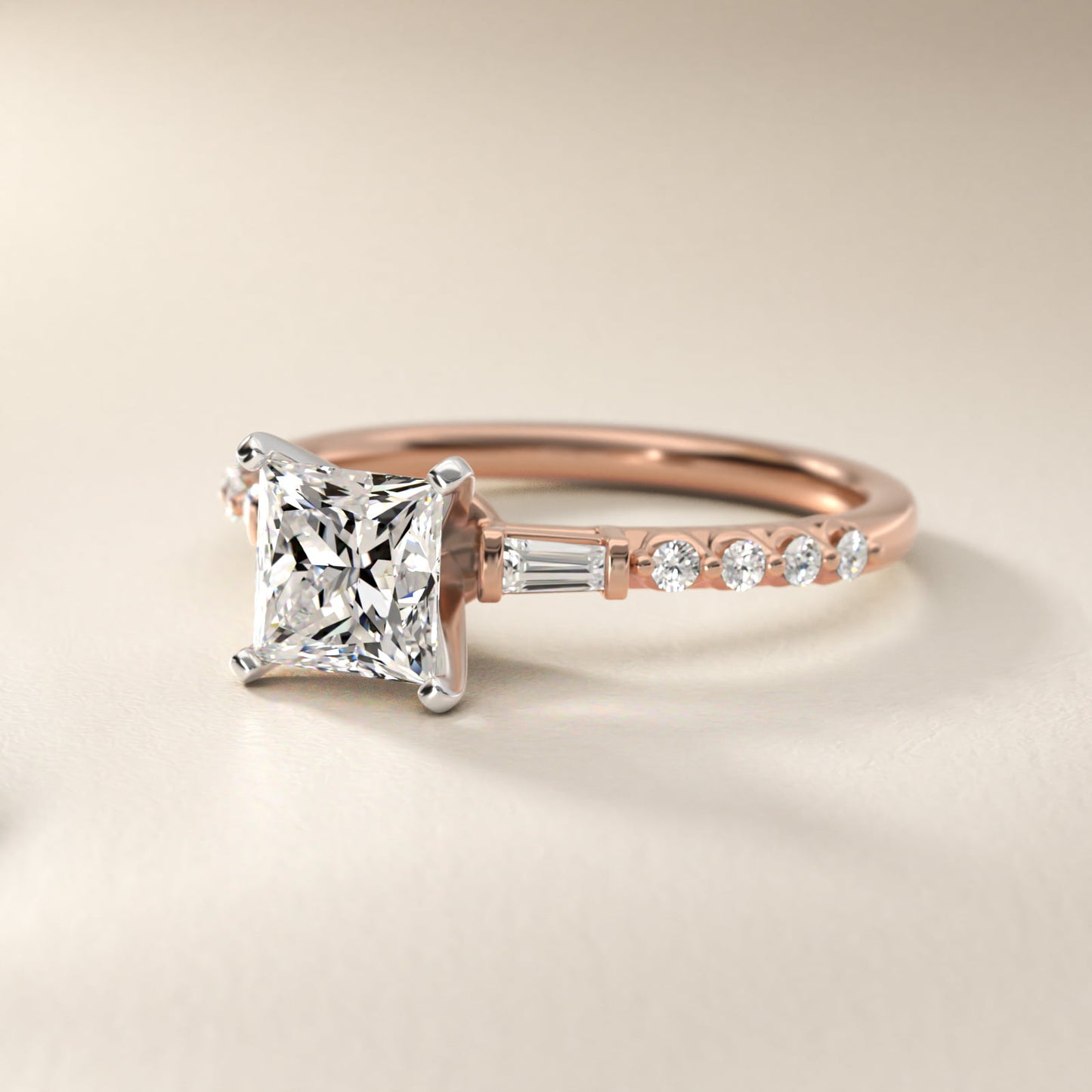 Petite Baguette and Floating Round Diamond Engagement Ring in 14k Rose Gold (1/5 ct. tw.) - Princess Center