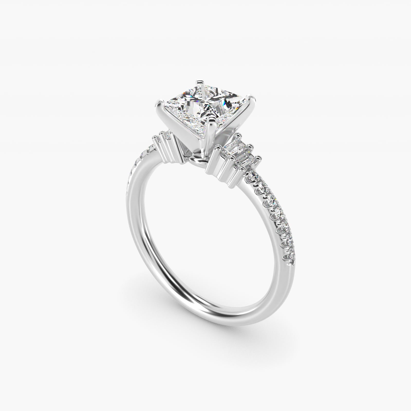 Petite Baguette and PavŽ Diamond Engagement Ring in 14k White Gold - Princess Center