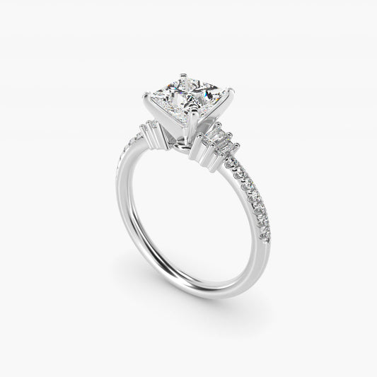 Petite Baguette and PavŽ Diamond Engagement Ring in 14k White Gold - Princess Center