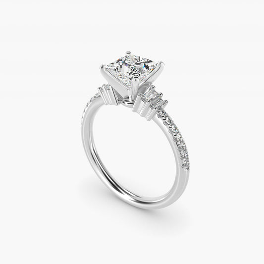 Petite Baguette and Pav? Diamond Engagement Ring in 18k White Gold - Princess Center