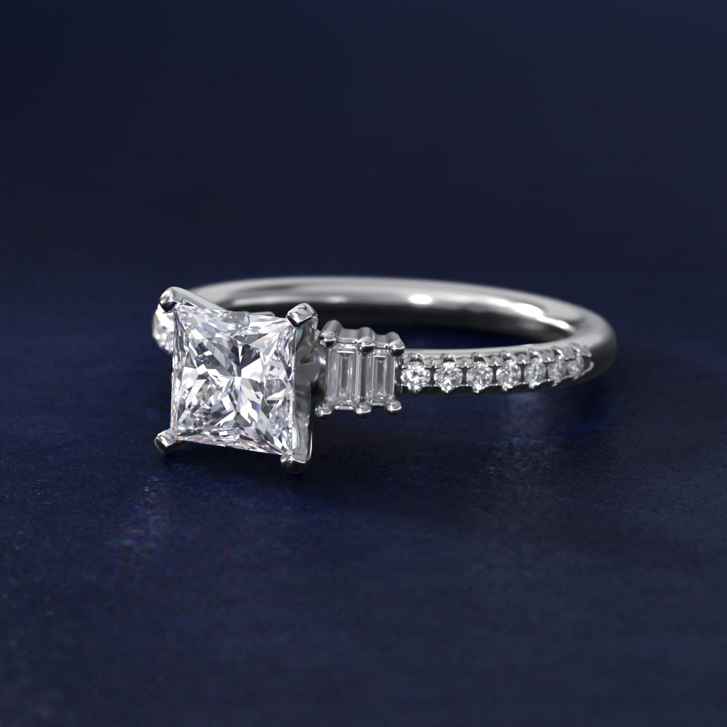 Petite Baguette and Pav? Diamond Engagement Ring in 18k White Gold - Princess Center