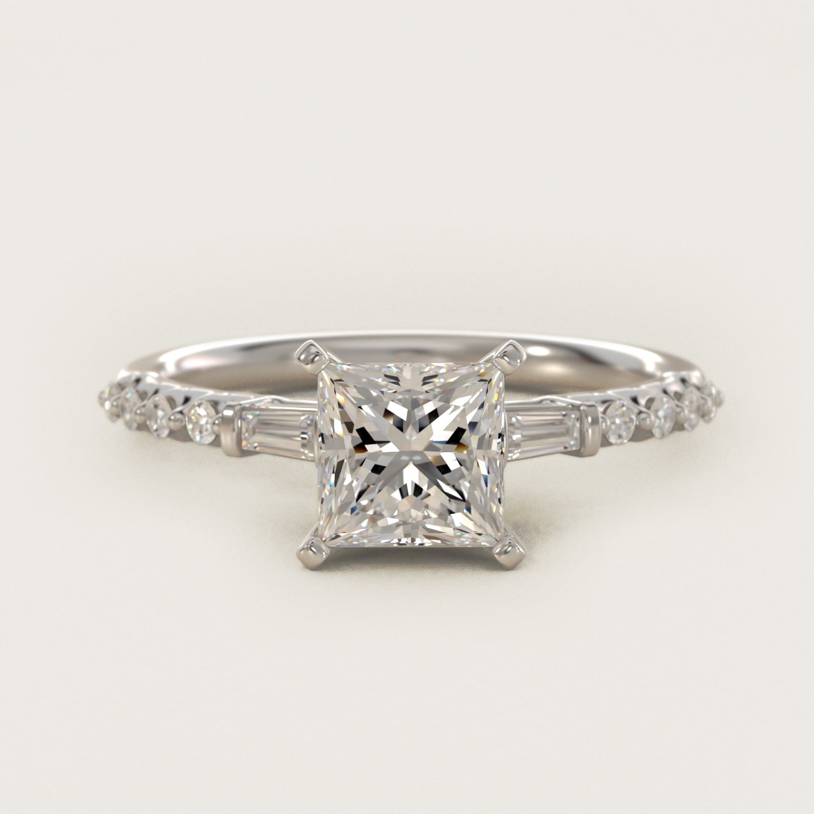 Petite Baguette and Floating Round Diamond Engagement Ring in 14k White Gold (1/5 ct. tw.) - Princess Center