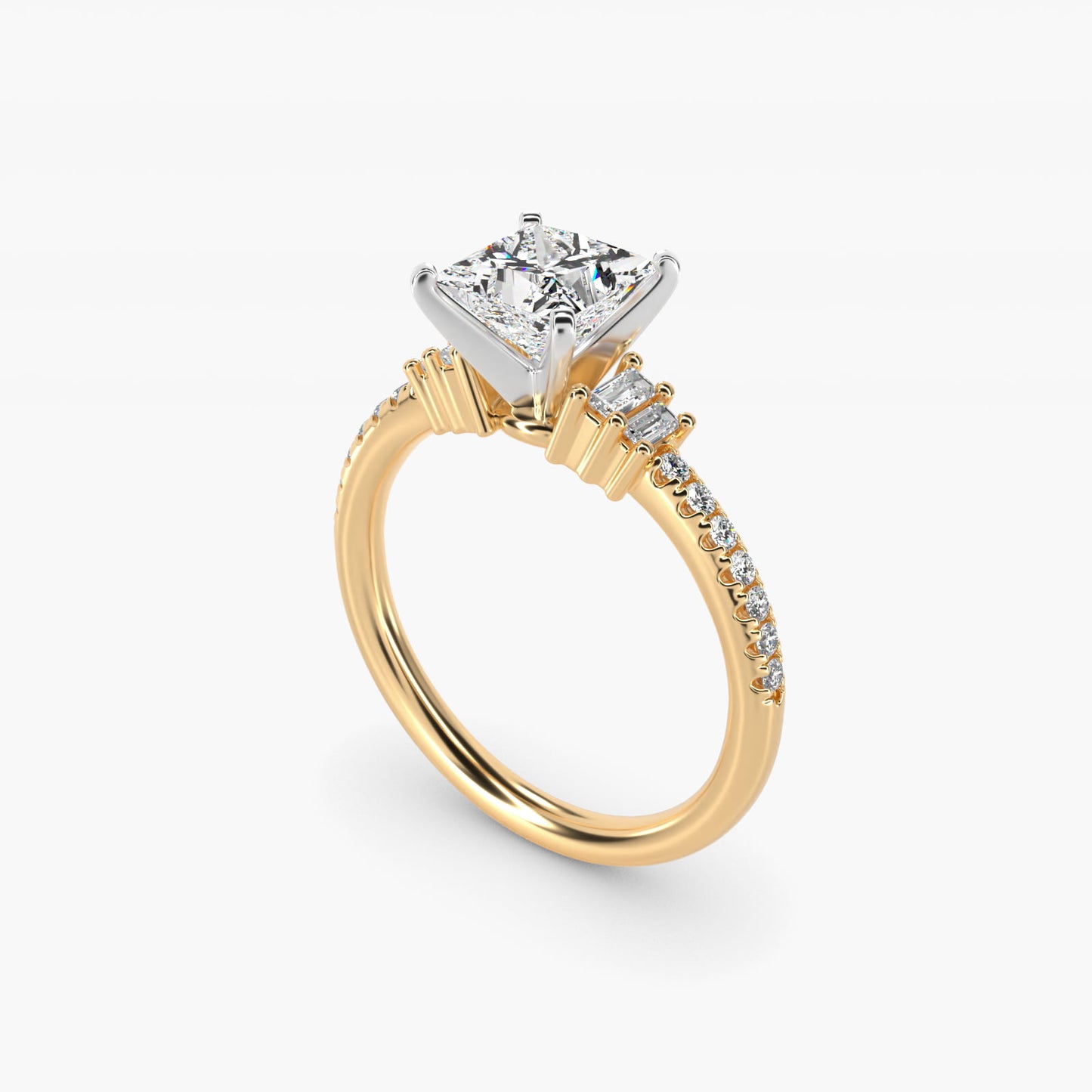 Petite Baguette and PavŽ Diamond Engagement Ring in 14k Yellow Gold - Princess Center
