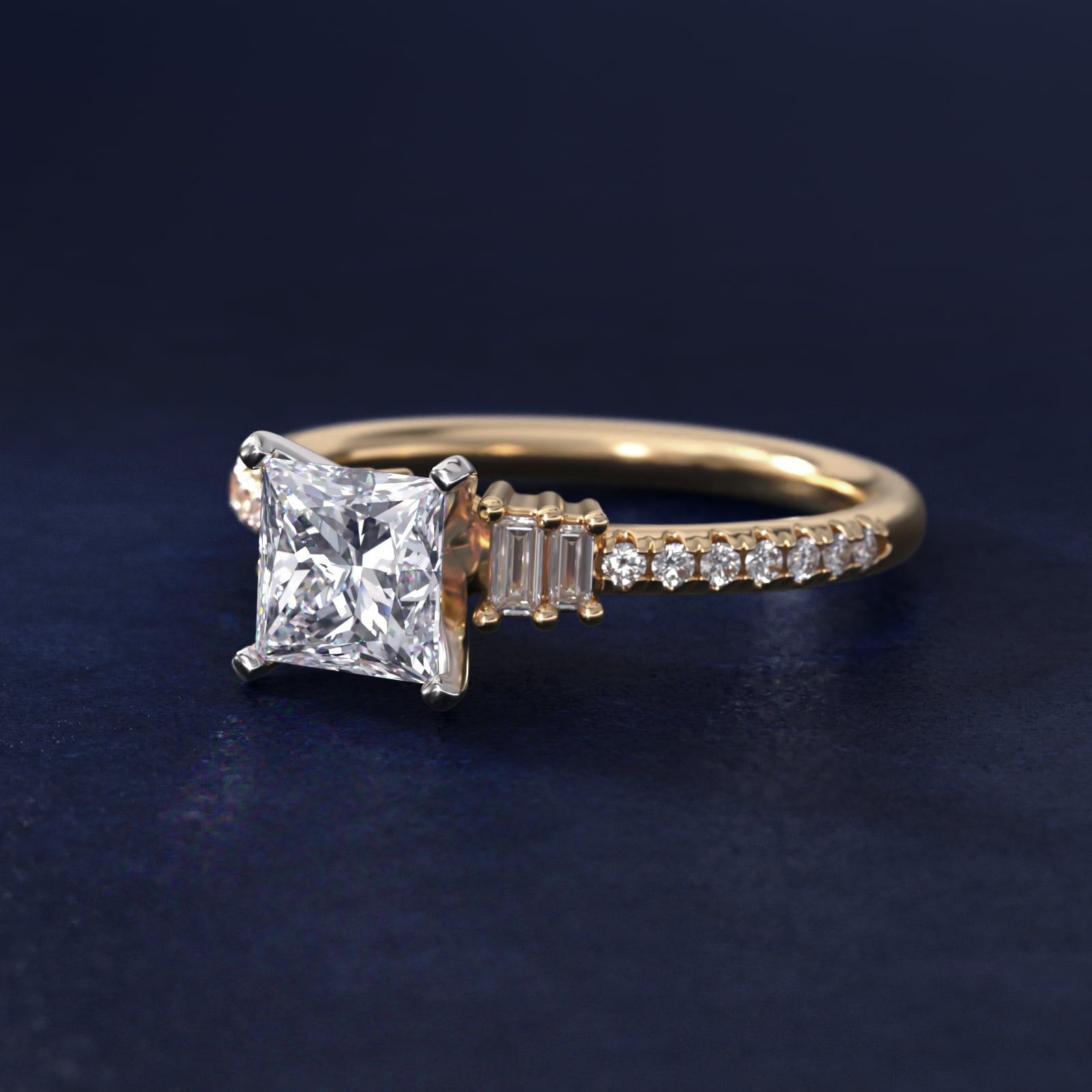 Petite Baguette and PavŽ Diamond Engagement Ring in 14k Yellow Gold - Princess Center