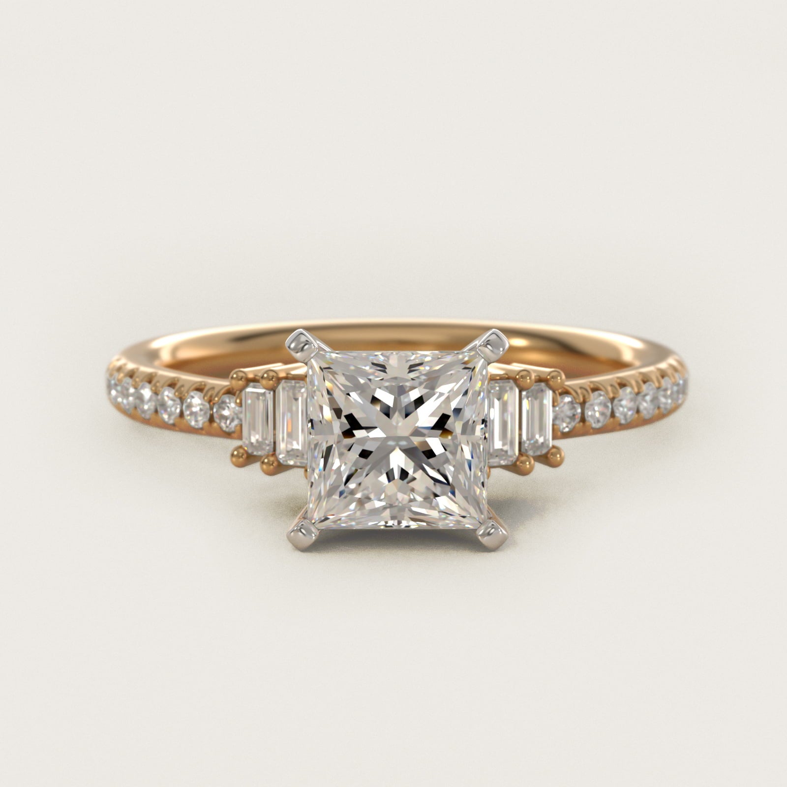 Petite Baguette and PavŽ Diamond Engagement Ring in 14k Yellow Gold - Princess Center