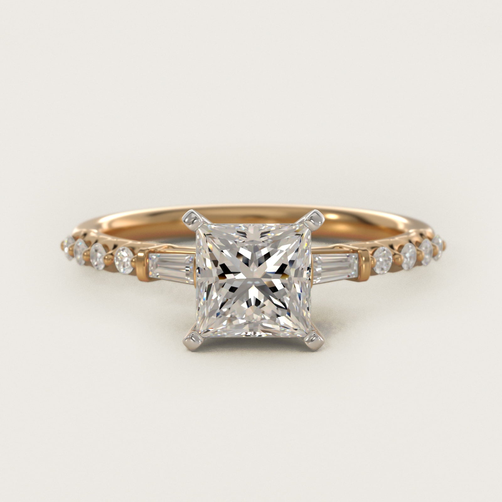 Petite Baguette and Floating Round Diamond Engagement Ring in 14k Yellow Gold (1/5 ct. tw.) - Princess Center