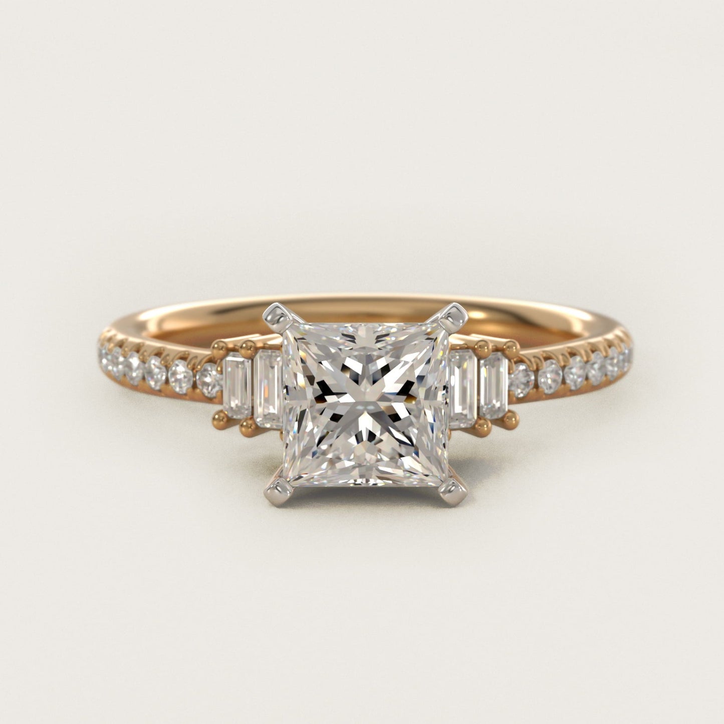 Petite Baguette and Pav? Diamond Engagement Ring in 18k Yellow Gold - Princess Center