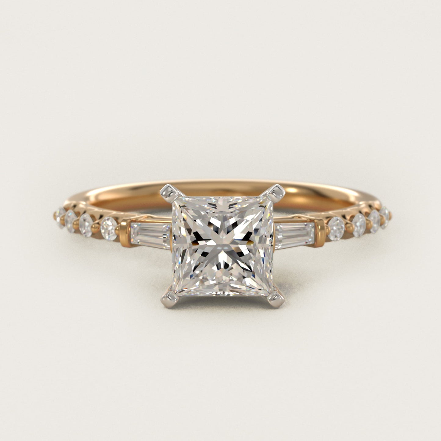 Petite Baguette and Floating Round Diamond Engagement Ring in 18k Yellow Gold (1/5 ct. tw.) - Princess Center