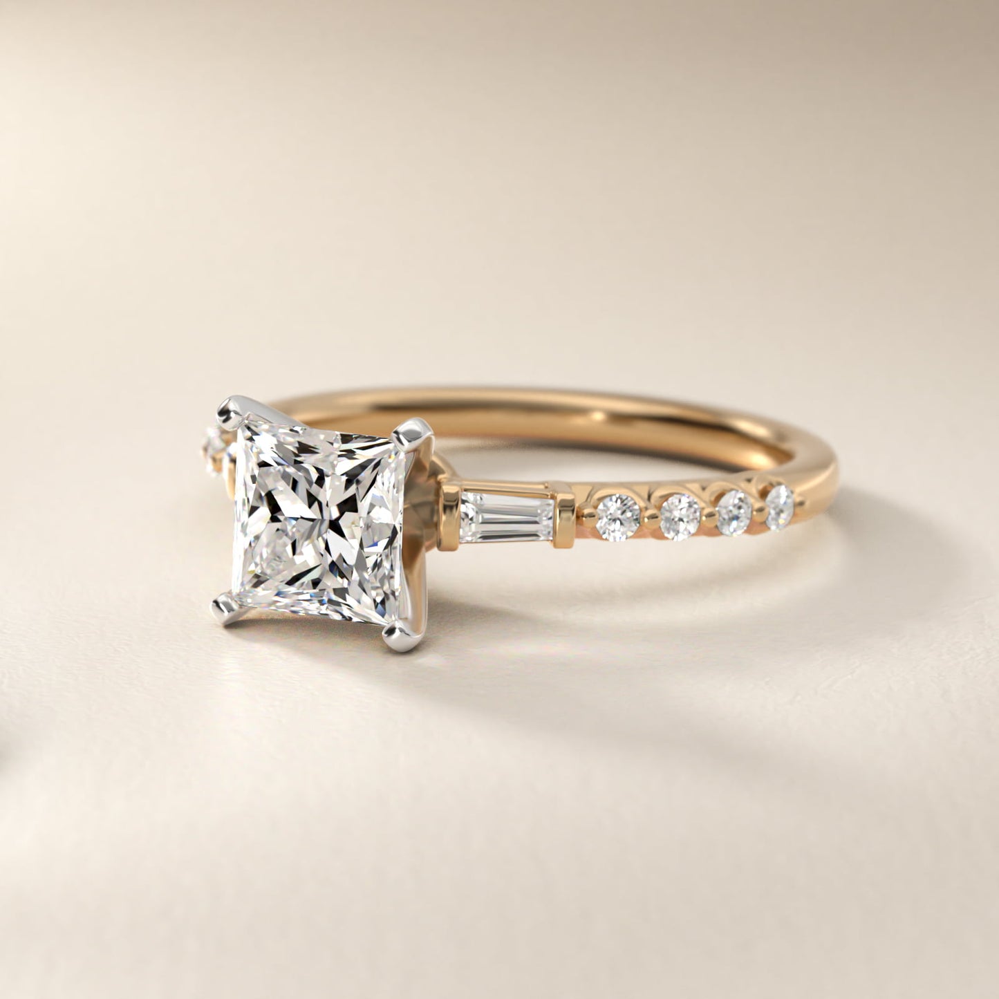 Petite Baguette and Floating Round Diamond Engagement Ring in 18k Yellow Gold (1/5 ct. tw.) - Princess Center