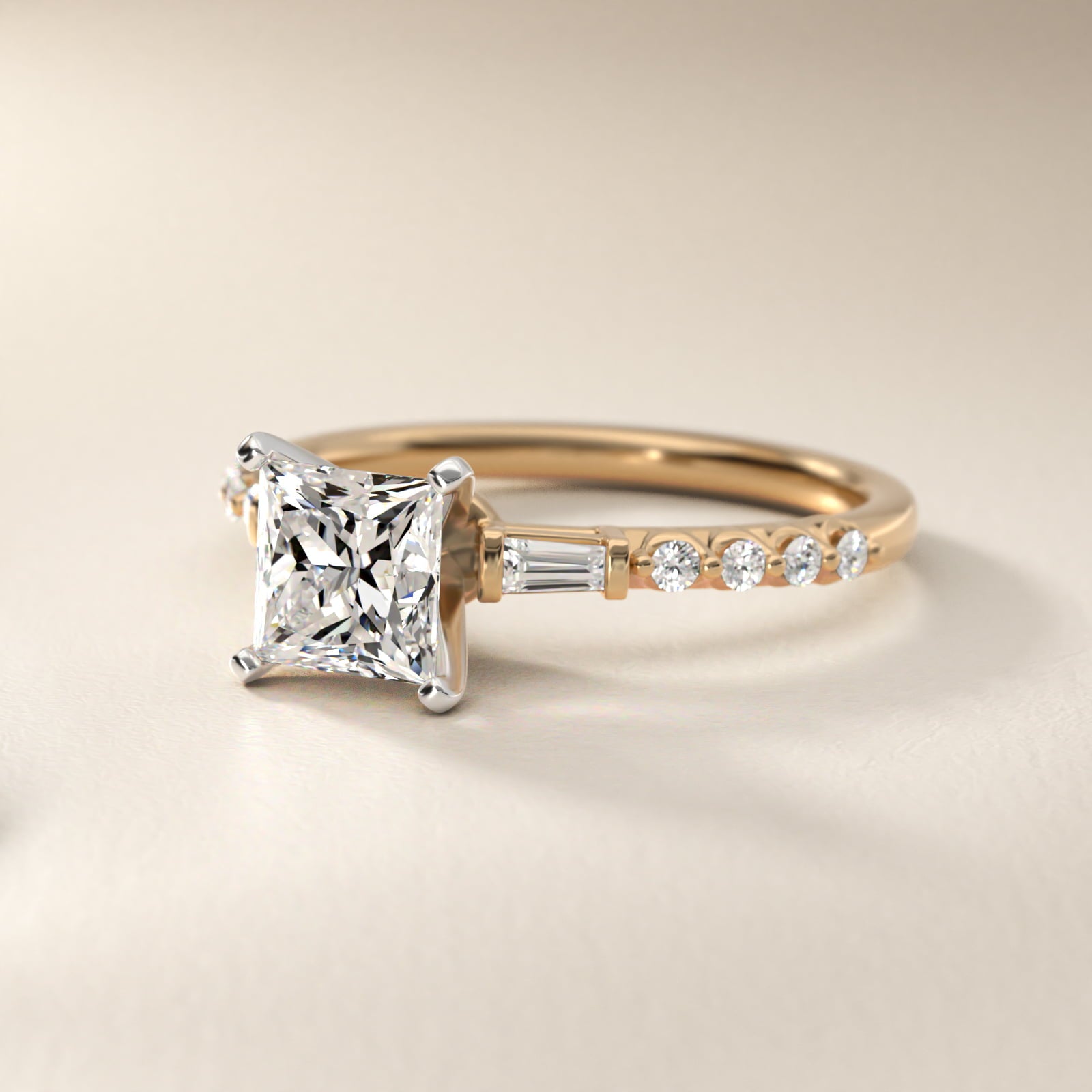 Petite Baguette and Floating Round Diamond Engagement Ring in 18k Yellow Gold (1/5 ct. tw.) - Princess Center
