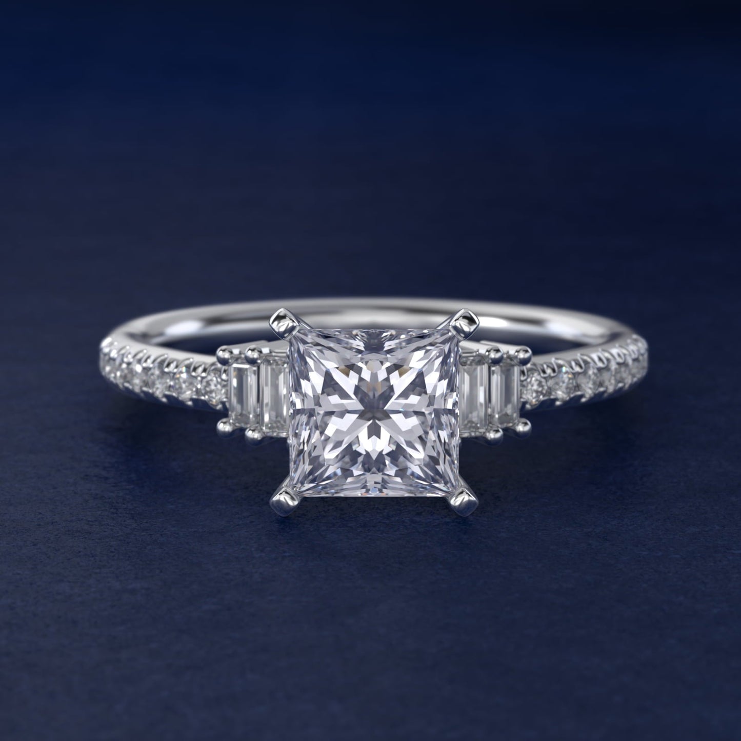 Petite Baguette and Pav? Diamond Engagement Ring in Platinum - Princess Center