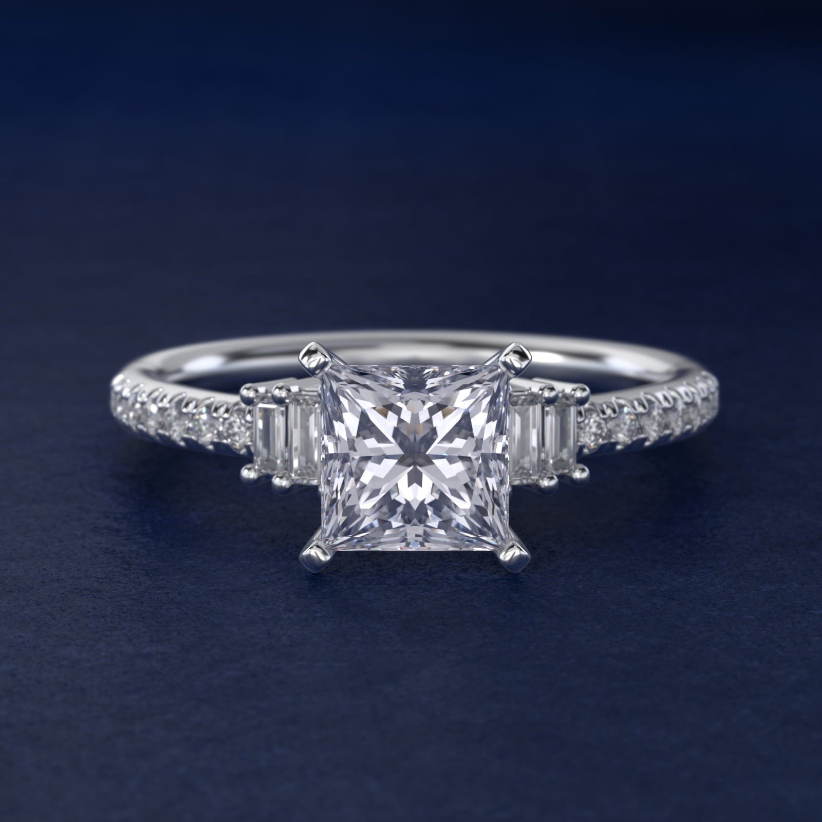 Petite Baguette and Pav? Diamond Engagement Ring in Platinum - Princess Center