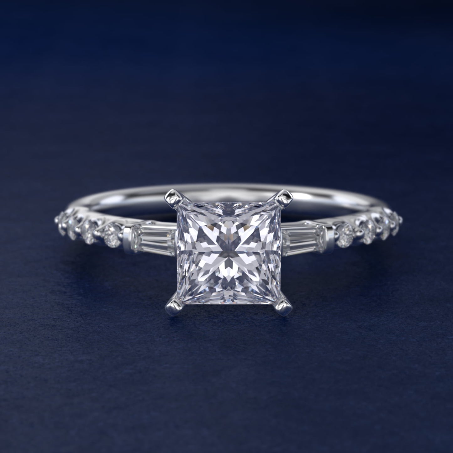 Petite Baguette and Floating Round Diamond Engagement Ring in Platinum (1/5 ct. tw.) - Princess Center