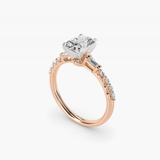 Petite Baguette and Floating Round Diamond Engagement Ring in 18k Rose Gold (1/5 ct. tw.) - Radiant Center