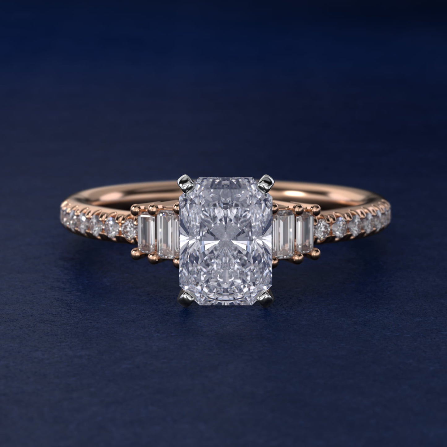 Petite Baguette and PavŽ Diamond Engagement Ring in 14k Rose Gold - Radiant Center