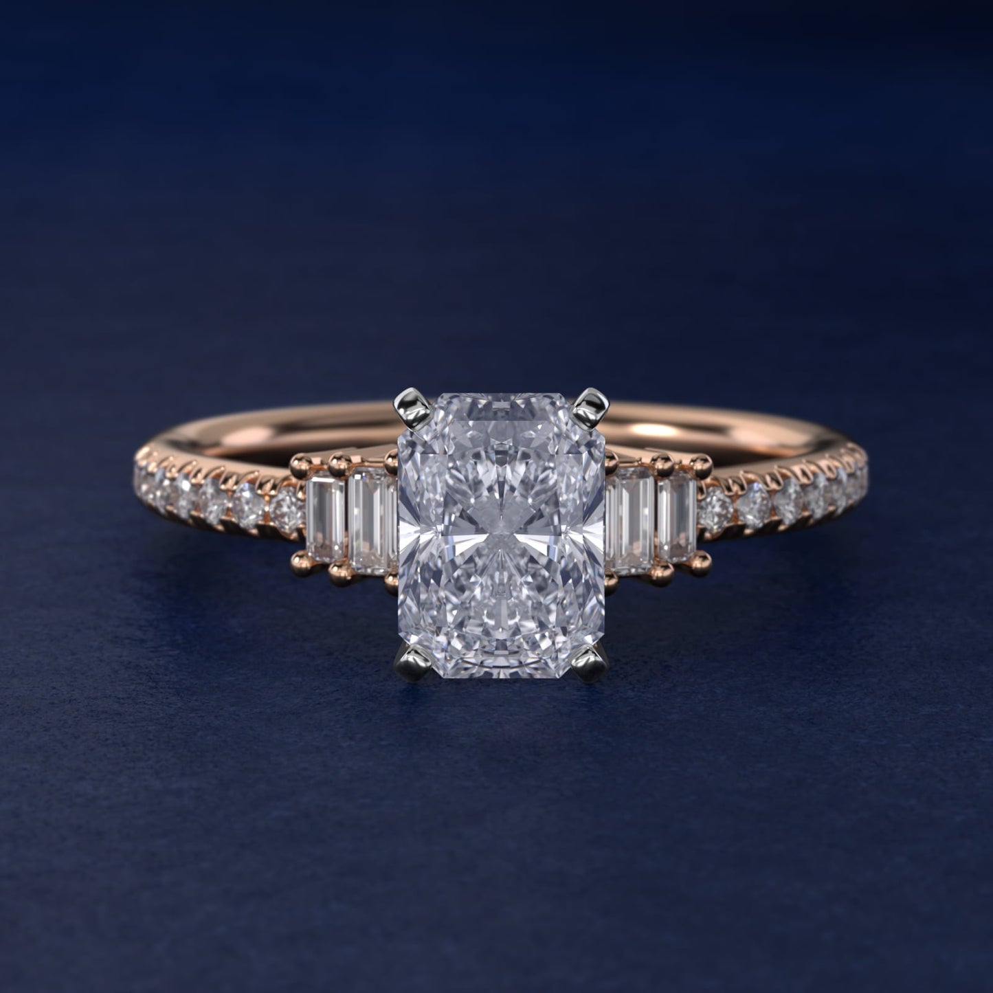 Petite Baguette and Pav? Diamond Engagement Ring in 18k Rose Gold - Radiant Center