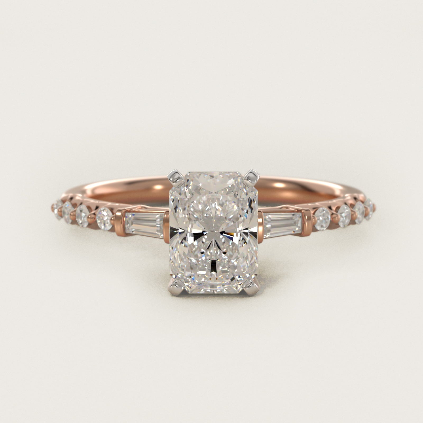 Petite Baguette and Floating Round Diamond Engagement Ring in 14k Rose Gold (1/5 ct. tw.) - Radiant Center