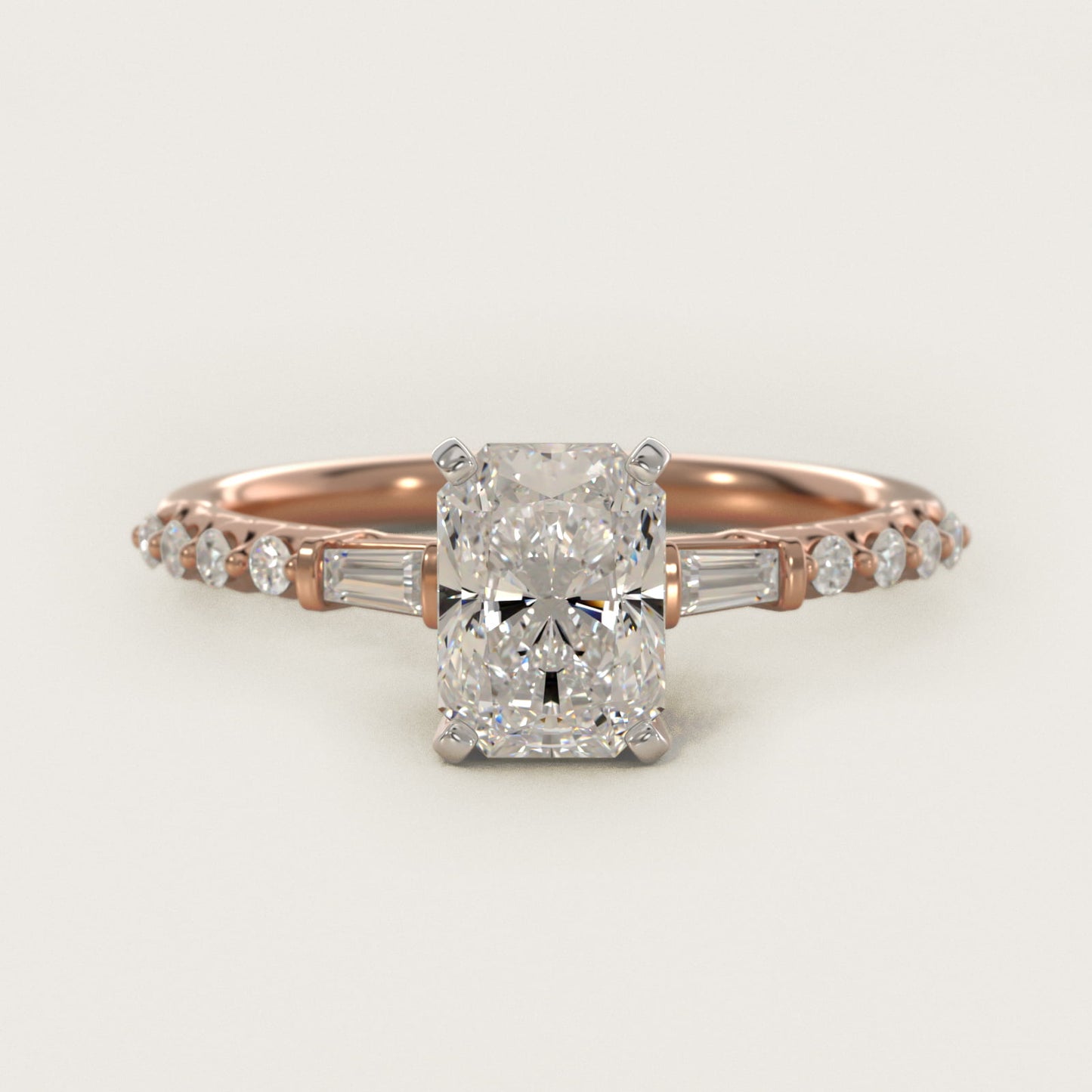 Petite Baguette and Floating Round Diamond Engagement Ring in 18k Rose Gold (1/5 ct. tw.) - Radiant Center