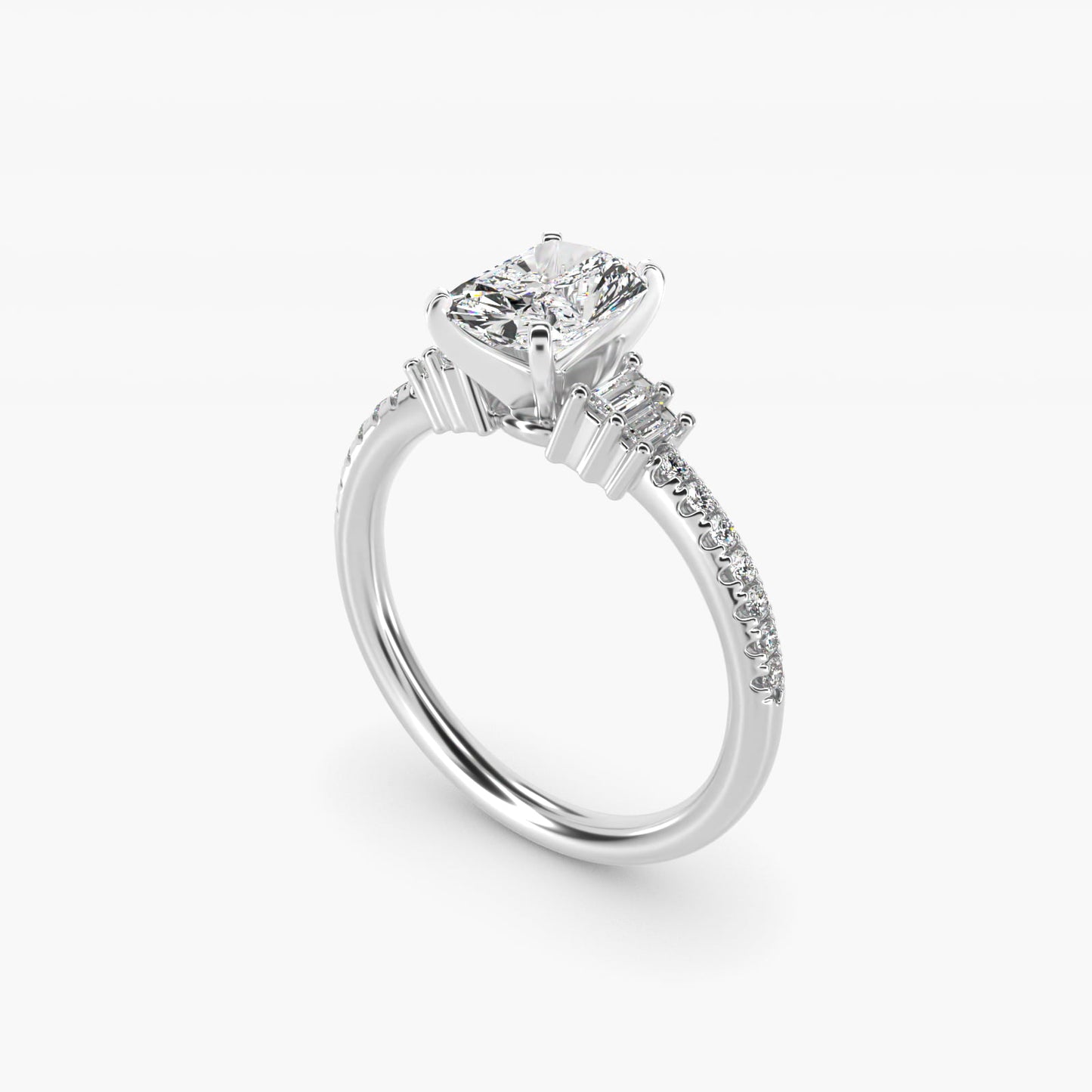 Petite Baguette and PavŽ Diamond Engagement Ring in 14k White Gold - Radiant Center