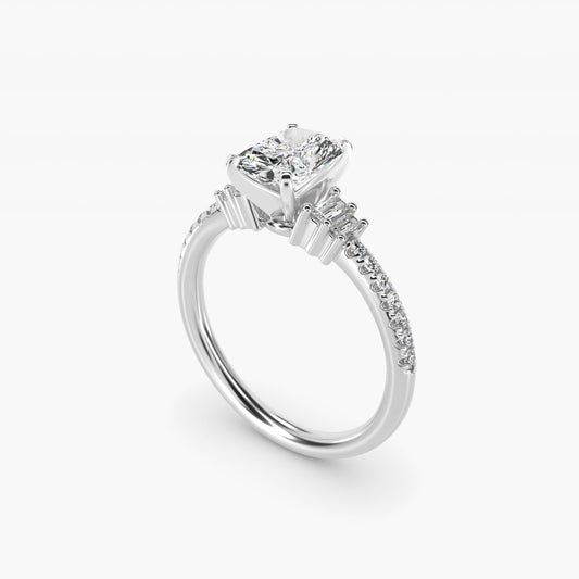 Petite Baguette and PavŽ Diamond Engagement Ring in 14k White Gold - Radiant Center