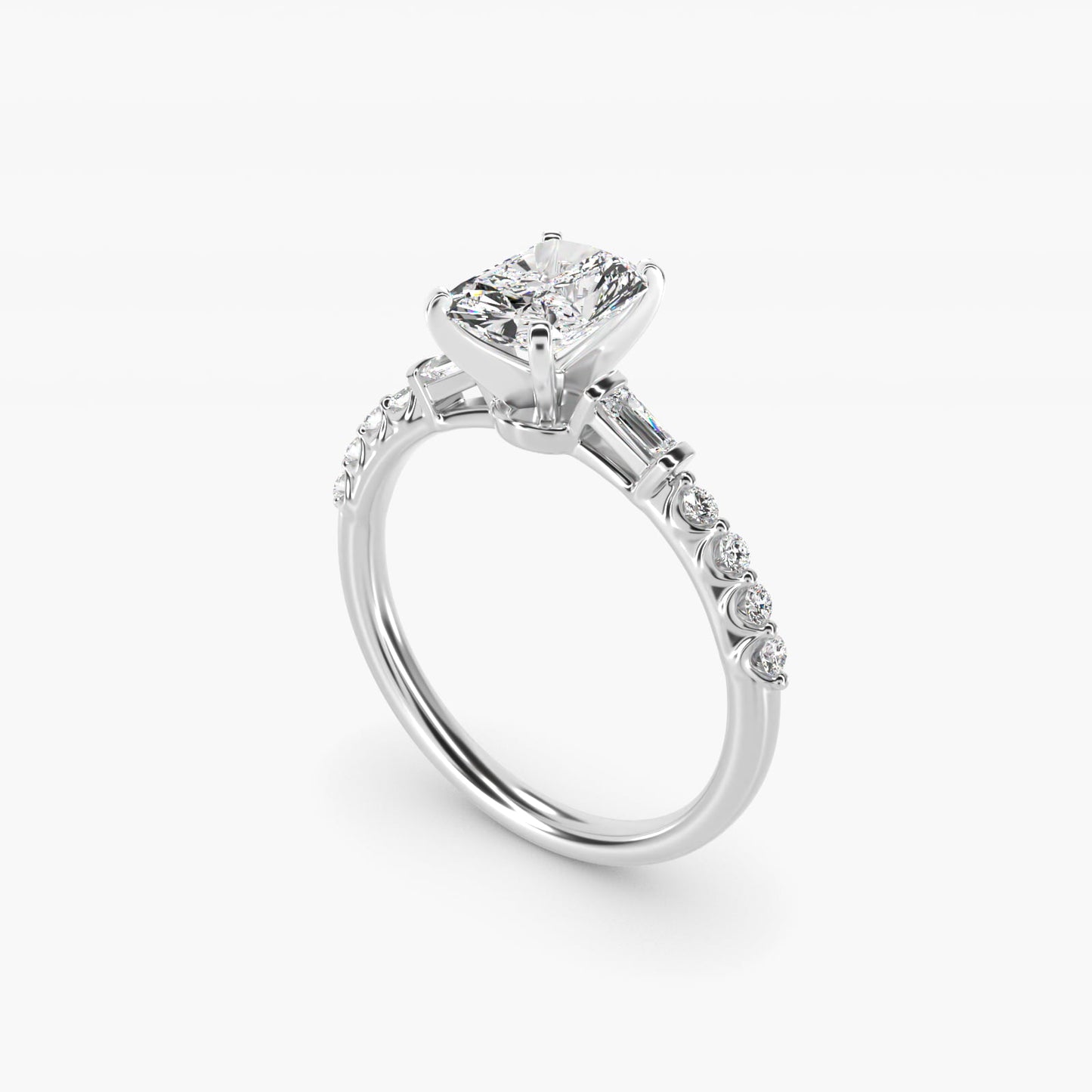Petite Baguette and Floating Round Diamond Engagement Ring in 14k White Gold (1/5 ct. tw.) - Radiant Center