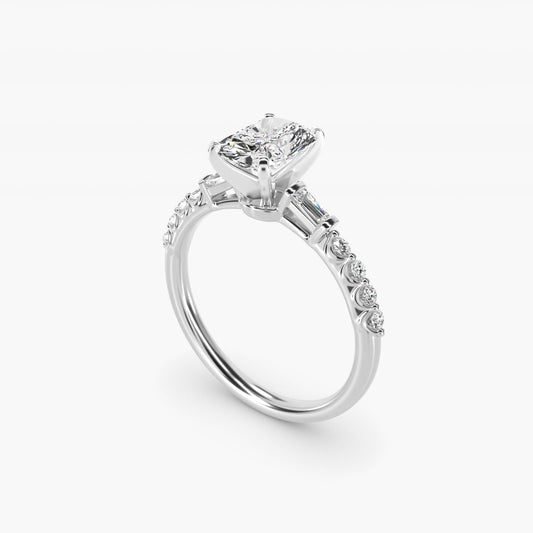 Petite Baguette and Floating Round Diamond Engagement Ring in 18k White Gold (1/5 ct. tw.) - Radiant Center