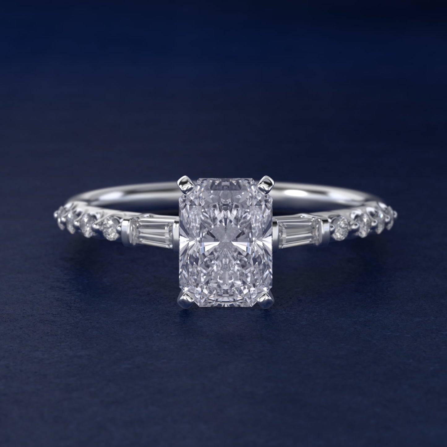 Petite Baguette and Floating Round Diamond Engagement Ring in 14k White Gold (1/5 ct. tw.) - Radiant Center