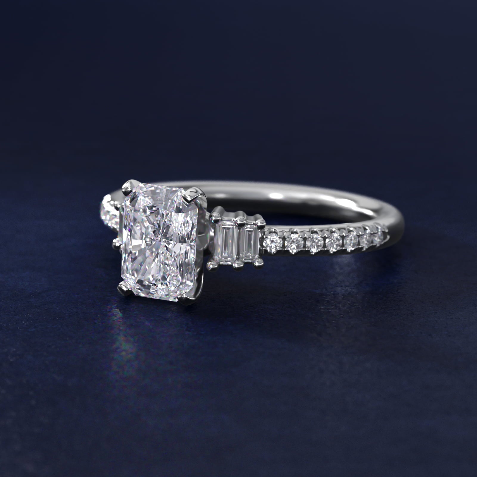 Petite Baguette and PavŽ Diamond Engagement Ring in 14k White Gold - Radiant Center