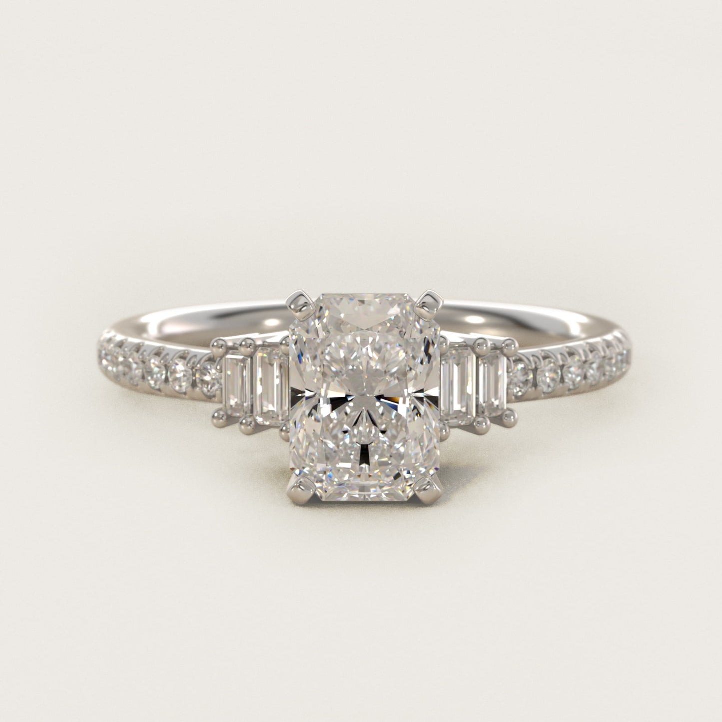 Petite Baguette and PavŽ Diamond Engagement Ring in 14k White Gold - Radiant Center