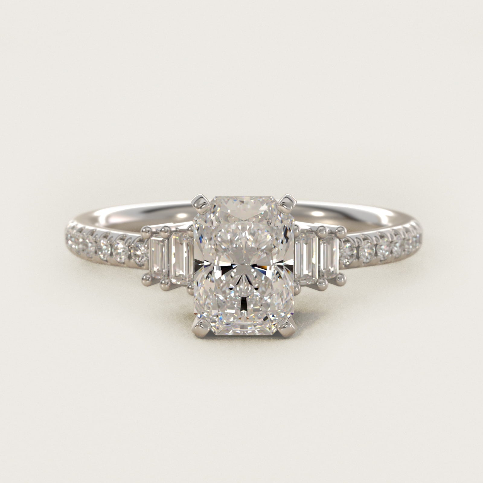 Petite Baguette and PavŽ Diamond Engagement Ring in 14k White Gold - Radiant Center