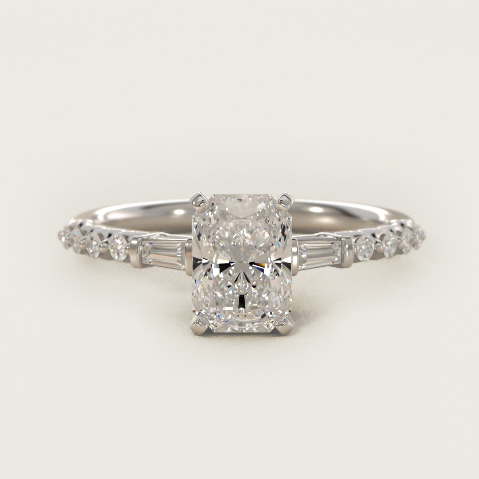 Petite Baguette and Floating Round Diamond Engagement Ring in 18k White Gold (1/5 ct. tw.) - Radiant Center