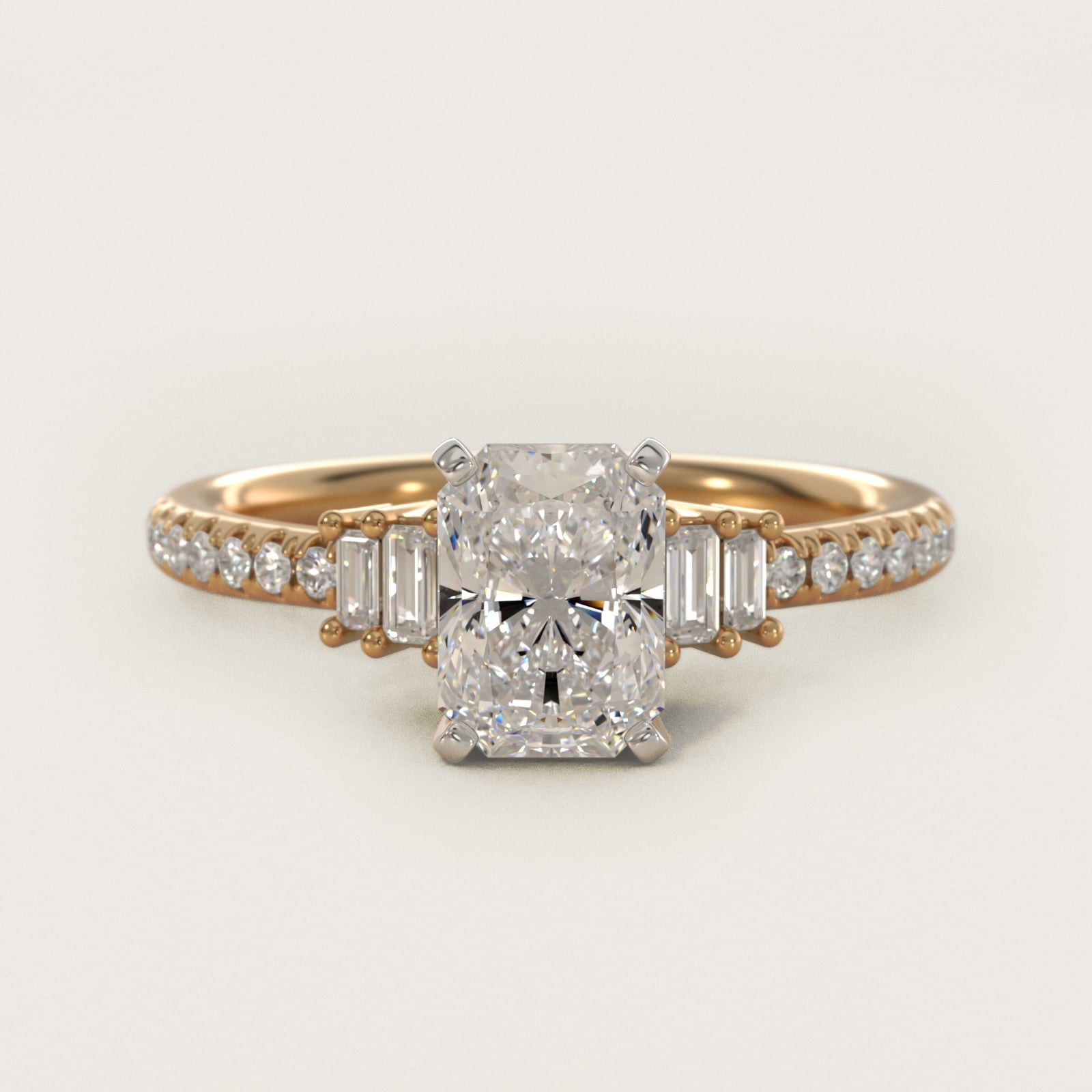 Petite Baguette and Pav? Diamond Engagement Ring in 18k Yellow Gold - Radiant Center