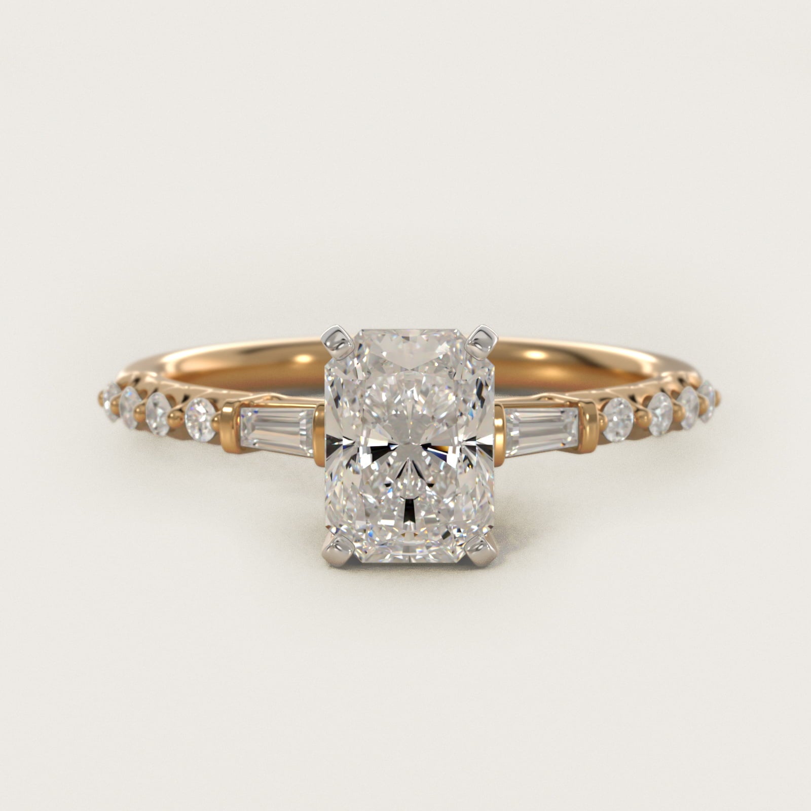 Petite Baguette and Floating Round Diamond Engagement Ring in 18k Yellow Gold (1/5 ct. tw.) - Radiant Center