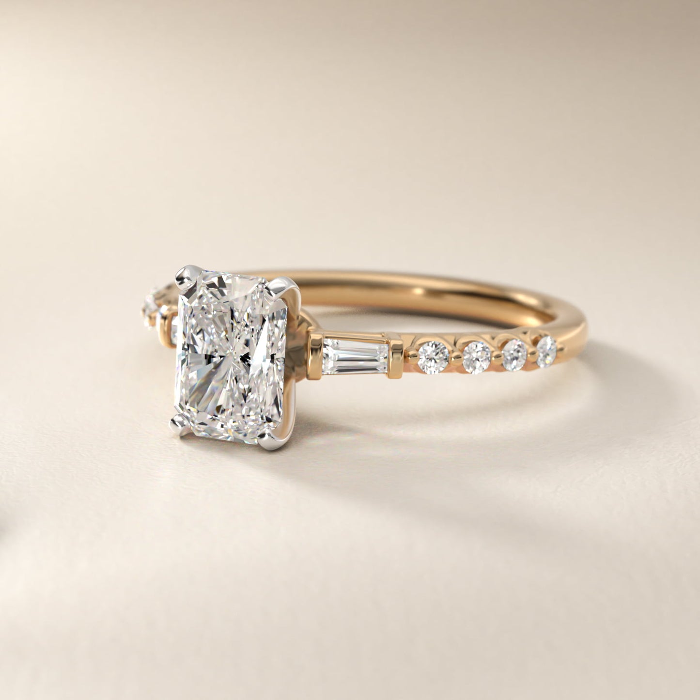 Petite Baguette and Floating Round Diamond Engagement Ring in 18k Yellow Gold (1/5 ct. tw.) - Radiant Center