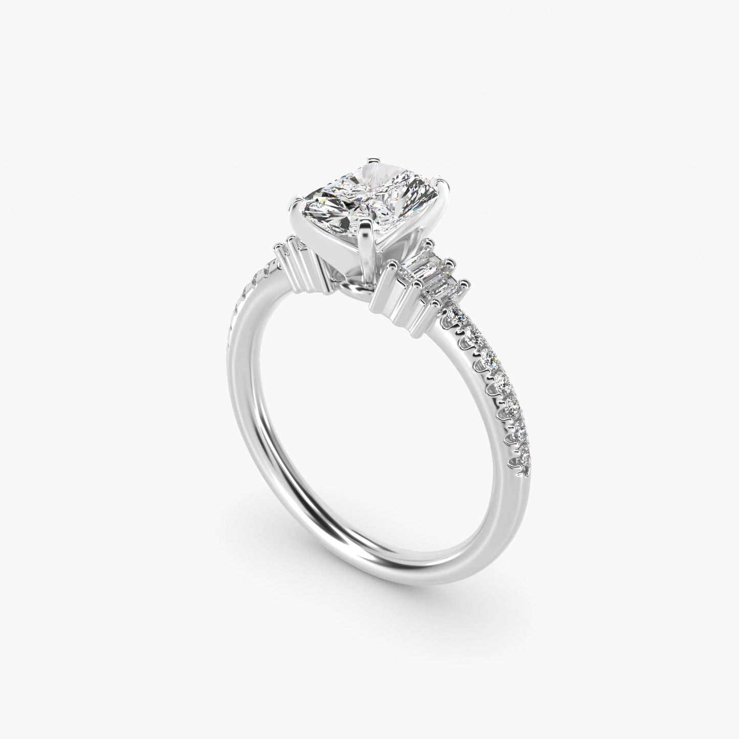 Petite Baguette and Pav? Diamond Engagement Ring in Platinum - Radiant Center