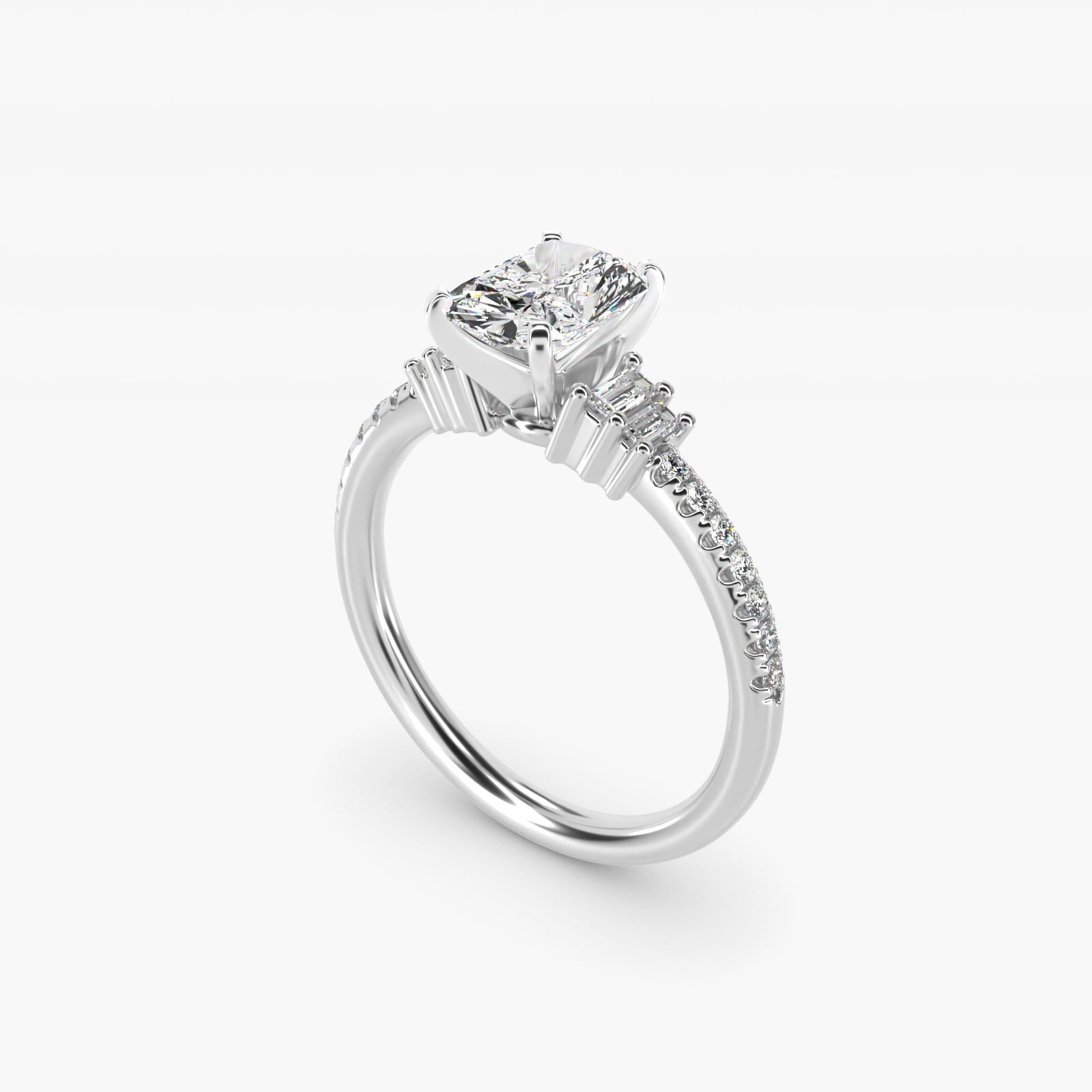 Petite Baguette and Pav? Diamond Engagement Ring in Platinum - Radiant Center