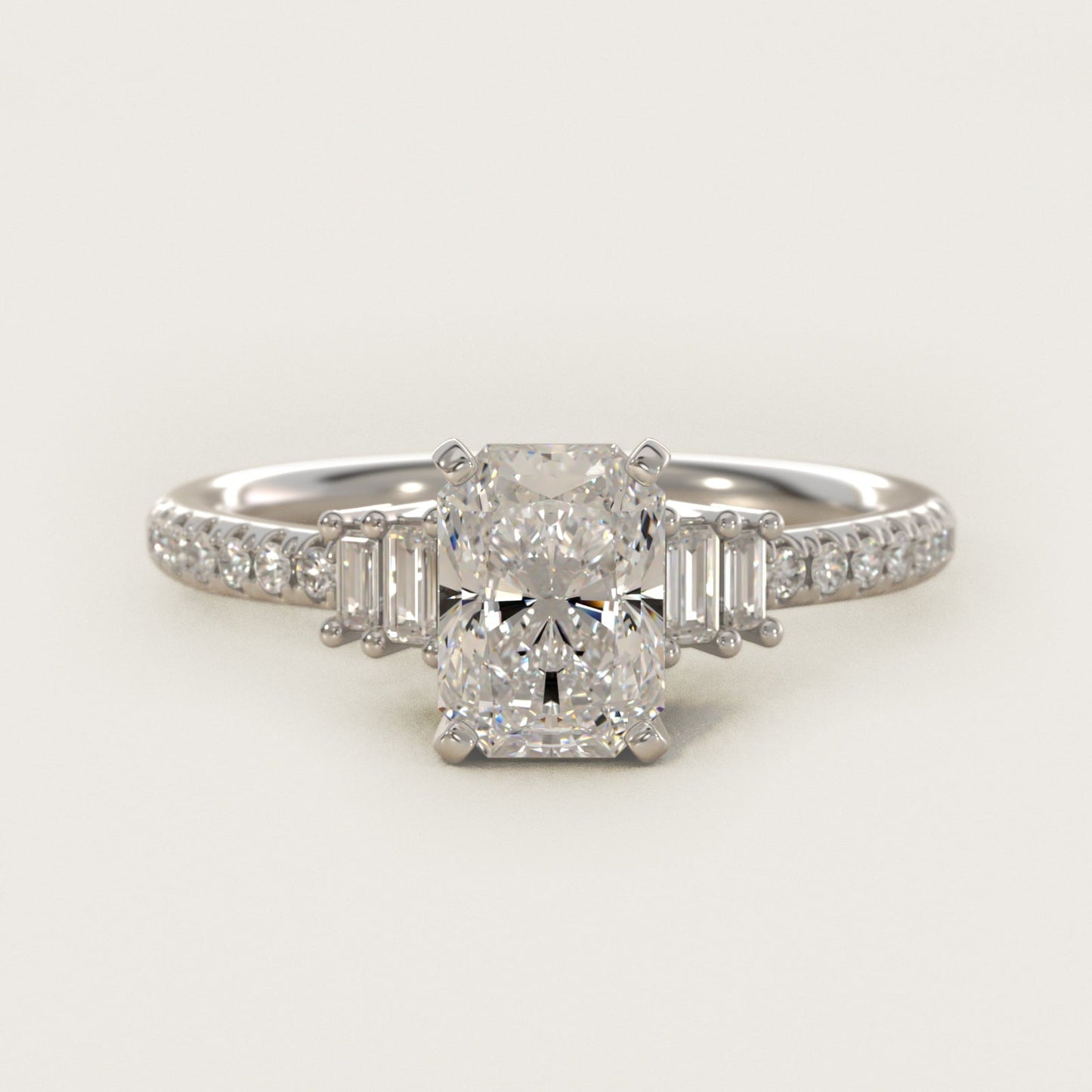 Petite Baguette and Pav? Diamond Engagement Ring in Platinum - Radiant Center