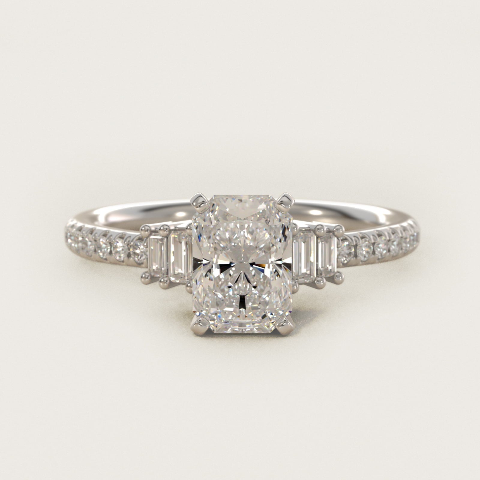 Petite Baguette and Pav? Diamond Engagement Ring in Platinum - Radiant Center
