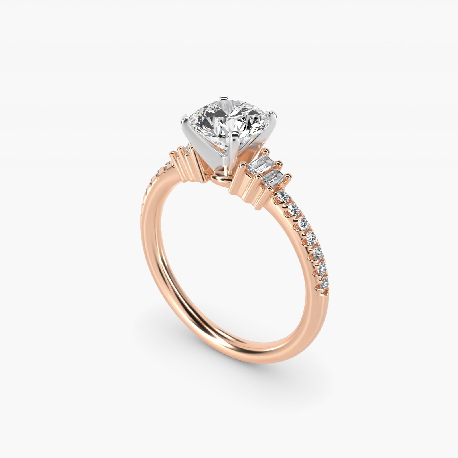 Petite Baguette and Pav? Diamond Engagement Ring in 18k Rose Gold - Round Center