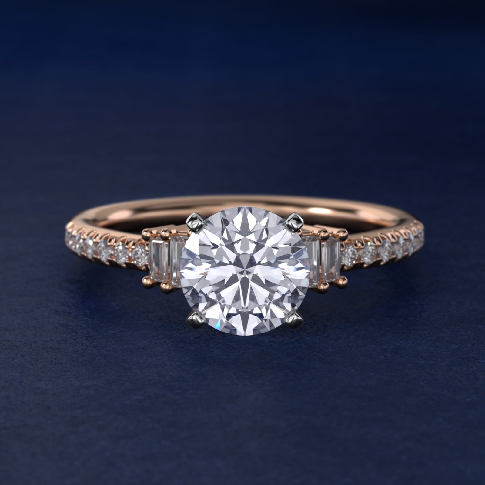 Petite Baguette and Pav? Diamond Engagement Ring in 18k Rose Gold - Round Center