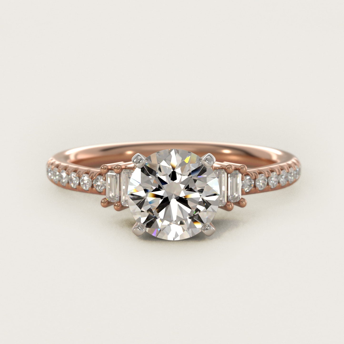 Petite Baguette and PavŽ Diamond Engagement Ring in 14k Rose Gold - Round Center