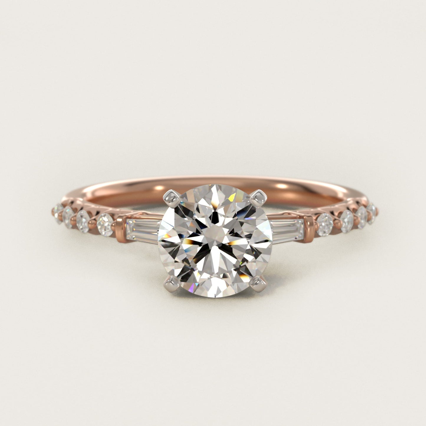 Petite Baguette and Floating Round Diamond Engagement Ring in 18k Rose Gold (1/5 ct. tw.) - Round Center